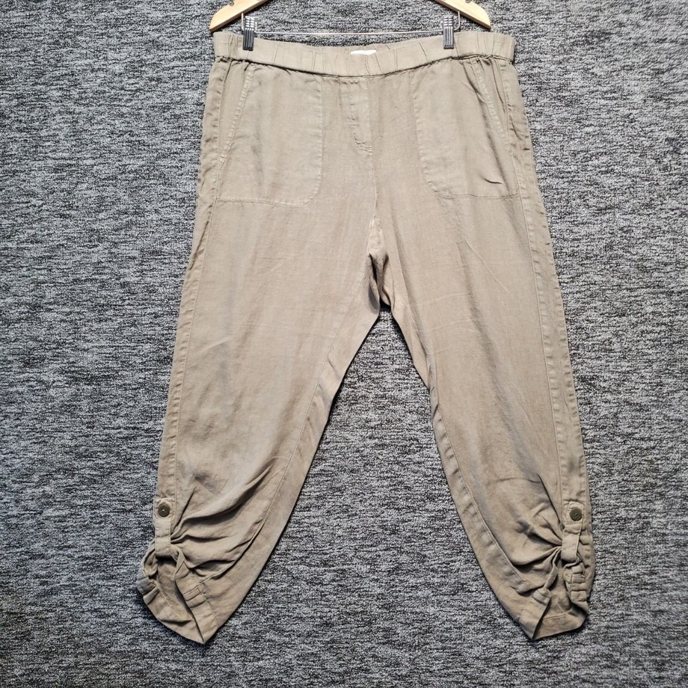 Pure Jill J Jill Linen Crop Pants Women L Large Petite Khaki Taupe Ruched Button